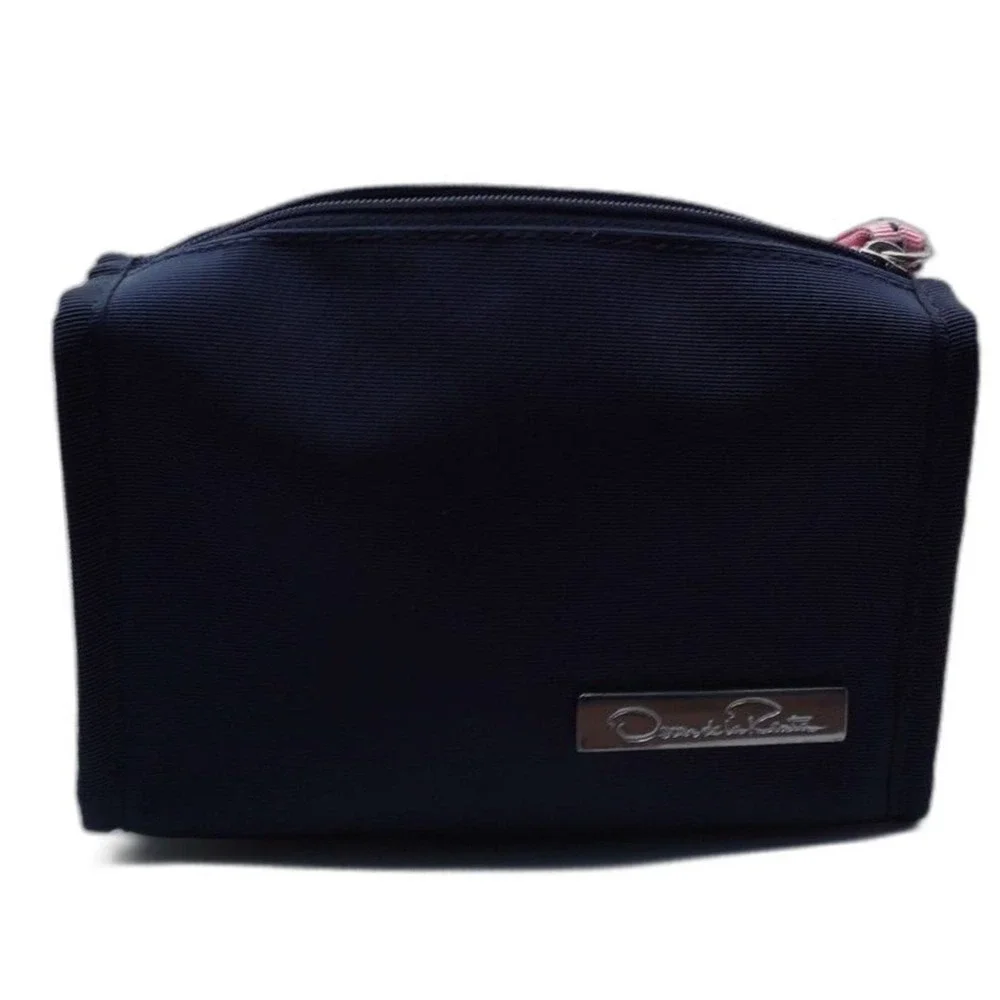 Oscar de la Renta Navy Blue Cosmetic Bag Pink Ribbon Zipper Pull Makeup‎ Pouch